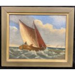 Naïve School Fishing Boat in a Squall oil on board, 14cm x 18cm