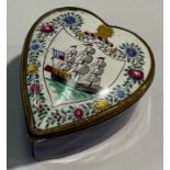 A 19th century heart shaped enamel snuff, sailing ship and crest