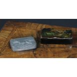 A 19th century papier mache rectangular snuff box, hinged cover decorated with a sporting dog, 8.5cm
