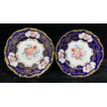 A pair of Coalport shaped circular cabinet plates, the central field flanked by three shaped
