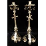 A pair of Arts and Crafts ecclesiastical brass altar candlesticks, 41cm, c.1890