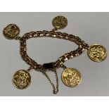 A gold bracelet, mounted with four sovereigns and an Austrian coin, 66g, gross