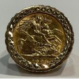 A Victorian 22ct gold half sovereign, 1893, mounted in 9ct gold as a signet ring, size X, 11g