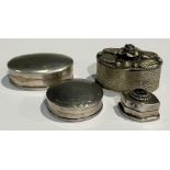 A silver oval pill box, hinged cover, marked 925; others similar; etc (4)