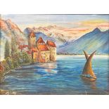Painting of Lake Garda in Italy. Signed "Maureen Hill, May 1974".