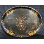 A large Victorian oval papier-mâché tray, decorated with flowers and mother of pearl inlay, 76cm