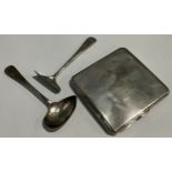 A silver spoon and food scraper, Sheffield 1956; a silver cigarette case, Birmingham 1939; 126g
