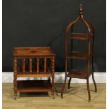 An Edwardian mahogany three tier cake stand, inlaid with boxwood and ebony stringing, spire