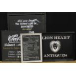 Advertising - a sign, Lion Heart Antiques, 92cm x 122cm including frame; various eatery