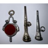 A Victorian silver swivel fob watch key, set with polished bloodstone and carnelian, Birmingham