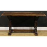 A 17th century style oak refectory type trestle dining table, 75.5cm high, 153cm long, 76cm wide