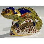 A Royal Crown Derby paperweight, Chameleon, gold stopper 9cm high, red printed marks and stamp on