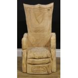 Chainsaw Carving - a shield-back chair, 84cm high, 42cm wide, 42.5cm deep
