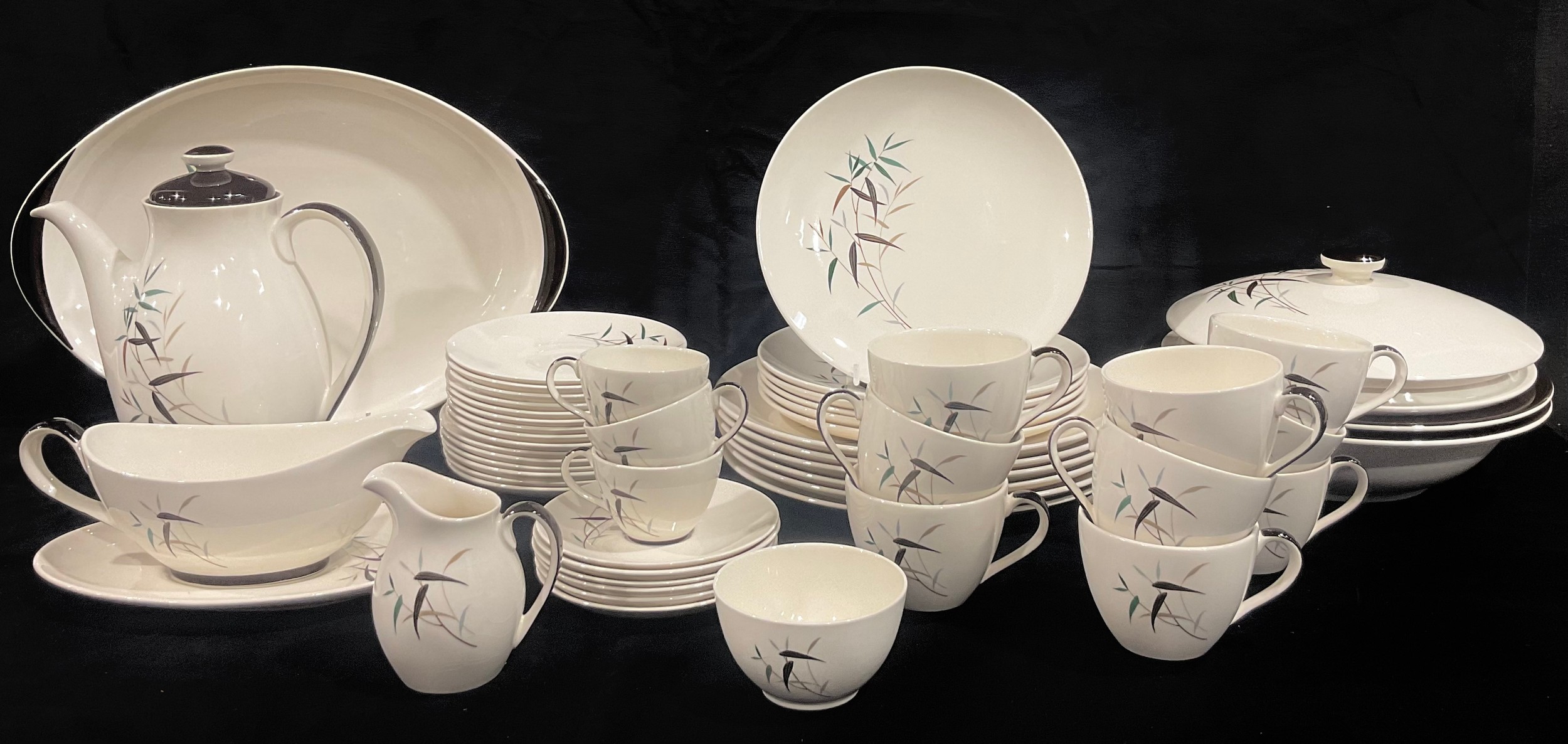 A Royal Doulton Bamboo pattern dinner and coffee service, comprising a pair of vegetable dishes