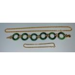 A 9ct gold fancy link necklace; a conforming 9ct gold fancy link bracelet; a jade and gold