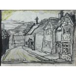 After LS Lowry Village Street mixed media, 15cm x 20cm