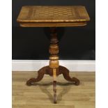 A 19th century Italian walnut and parquetry tripod chess table, 75.5cm high, 60cm wide, c.1870