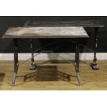 A cast iron framed pub table, 71cm high, 121cm long, 60cm wide; another, 71cm high, 106.5cm long,