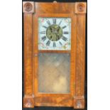 An American 19th century mahogany wall clock, Newhaven, painted dial with flowers to angles, Roman