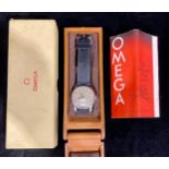 A gentlemans stainless steel Omega wristwatch, original leather strap, leather case
