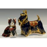 A Royal Crown Derby paperweight, Scottish Terrier, gold stopper; another, Calico Kitten, gold