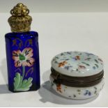 A Victorian blue glass and enamel scent; a French opaque glass pill box