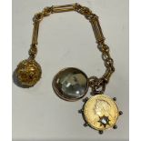 A late 19th century fob chain, unmarked, spherical fob, fancy link chain, gilded silver thre'penny