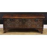 An elm six plank chest, hinged top enclosing a till, the front carved in the 17th century taste with