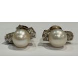 A pair of 18ct gold cultured pearl and diamond chip earrings, the butterflies marked 750, 4.6g,