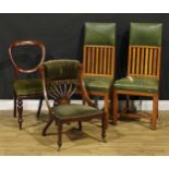 A pair of Arts & Crafts oak dining chairs, 105.5cm high, 47cm wide, the seat 42cm deep; an Edwardian