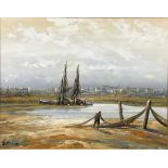 Edward Elliott Drying the Nets signed, oil on board, 60cm x 72cm