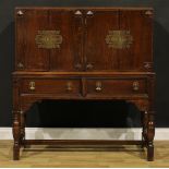A Charles II and Queen Anne inspired oak side cabinet, 133.5cm high, 123cm wide, 52.5cm deep