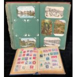 An Edwardian post card album, topographical, souvenir, etc; a Lincoln stamp album, British and world