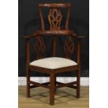 A George III Revival beech, ash and elm corner chair, 117cm high, 79cm wide, the seat 43cm square