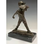 A bronze sculpture, of a baseball pitcher, rectangular marble base, 28.5cm high