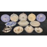 A selection of plate warmers; a Chinese export ware Willow pattern oval plate warmer; Spode Willow