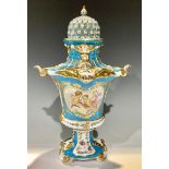 A large reproduction continental style vase and cover, pierced domed cover, pair of handles, printed