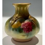 A Royal Worcester miniature blush ivory lobed quatrefoil vase, painted with roses and insects,