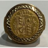 A Victorian gold half sovereign ring, 1892, shield back, size V, 9ct gold mounted, 13.7g
