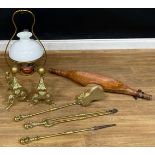 A brass hanging oil lamp; a set of fire irons and dogs; a 19th century yoke (7)