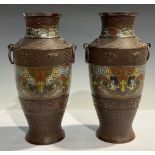 A pair of Japanese bronzed metal cloisonne vases, loop handles, 29.5cm high