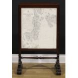 A 19th century rosewood fire screen, later applied with maps, 88.5cm high, 54cm wide
