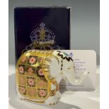 A Royal Crown Derby paperweight, Yorkshire Rose Elephant, exclusive to Peter Jones of Wakefield