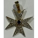 A gold Maltese cross pendant, set with a central sapphire surrounded by diamond chips,