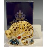 A Royal Crown Derby paperweight, Savannah Leopard, Endangered Species range, commissioned by