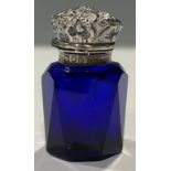 A Victorian Bristol blue glass scent, hinged silver top, clear glass stopper, 4.5cm high, London