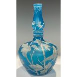 A late 19th century Stourbridge type opaque blue glass bottle vase, enamelled in white with song