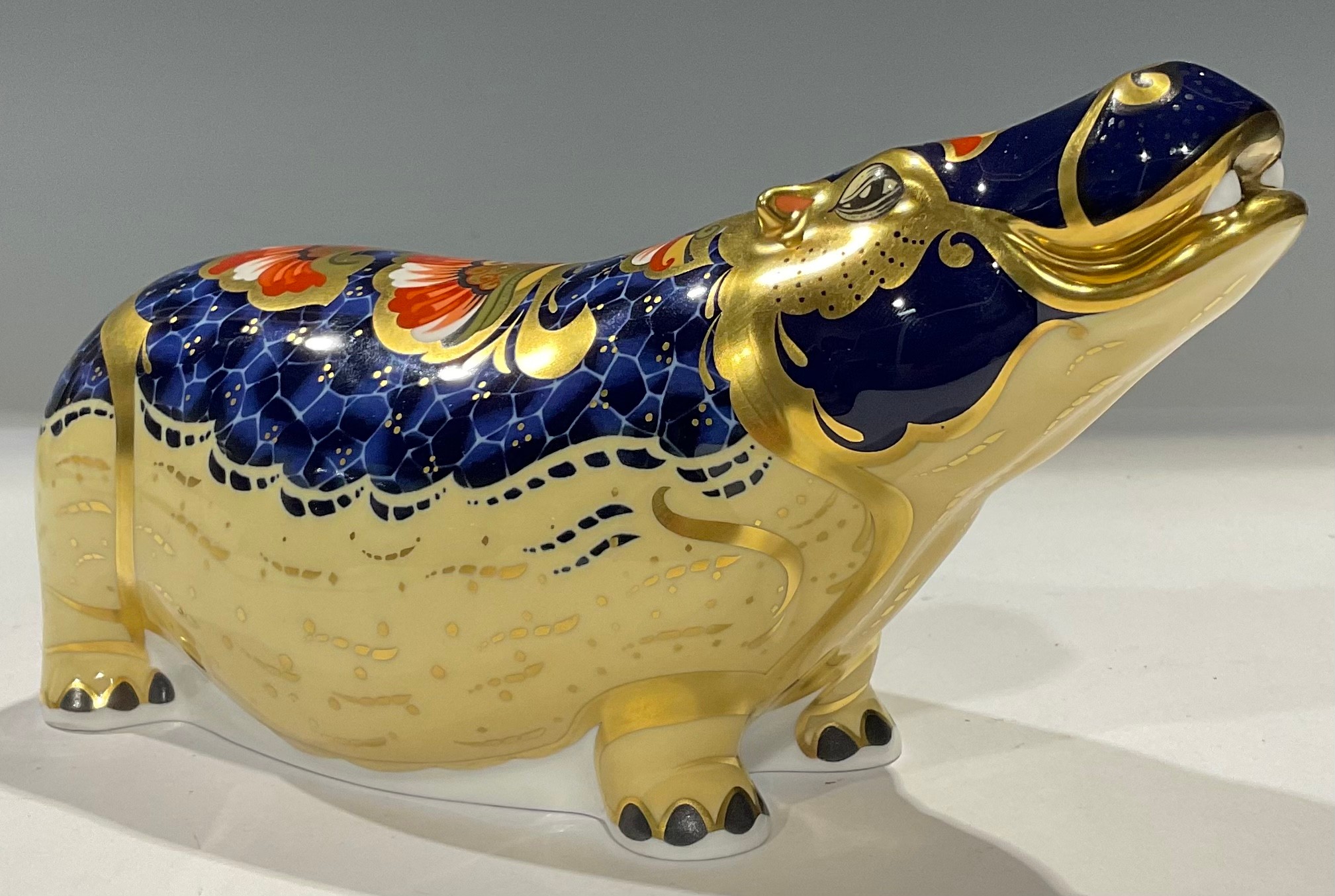 A Royal Crown Derby paperweight, Hippopotamus, gold stopper, printed marks, 21cm, boxed - Image 2 of 2