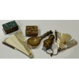 A Victorian mother of pearl aide memoir; another; a horn caddy spoon; a rattle; a turquoise set