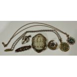 Victorian/Edwardian Jewellery - a cameo; brooches; Art Nouveau pendant, etc